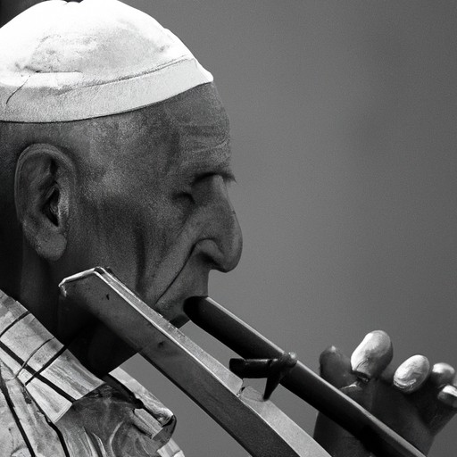 A black and white image of an elderly man playing a traditional Israeli string instrument.