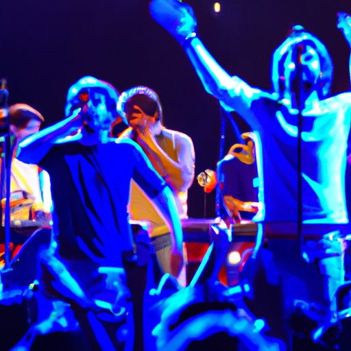 A vibrant photo of a contemporary Israeli band performing on stage, with the crowd dancing to the beat.