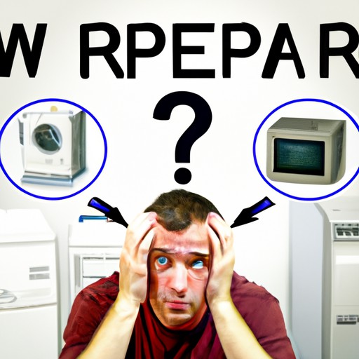 An image depicting a confused customer surrounded by various appliance repair service options.